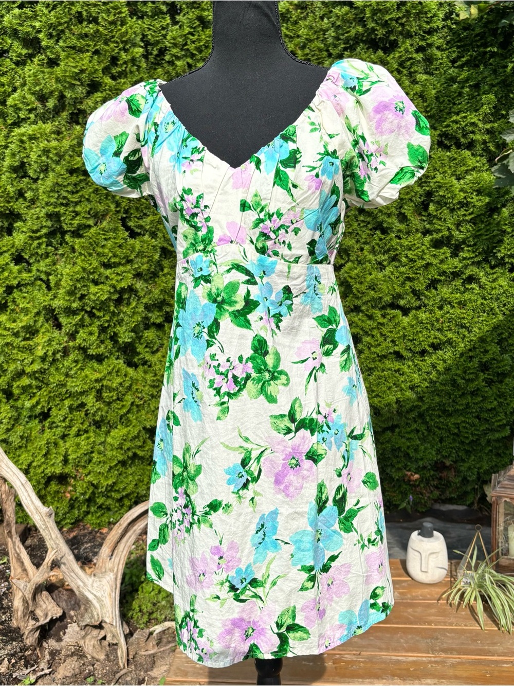 Women's Floral Puff-Sleeve Dress in White with Green & Blue